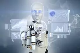 Humanoid figure pointing forward with holographic data displays