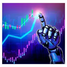 Robotic hand pointing toward a rising financial market chart