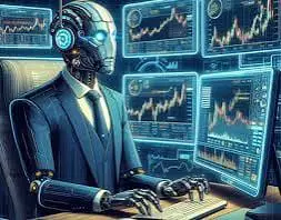 Humanoid figure at a desk with financial monitors displaying stock charts